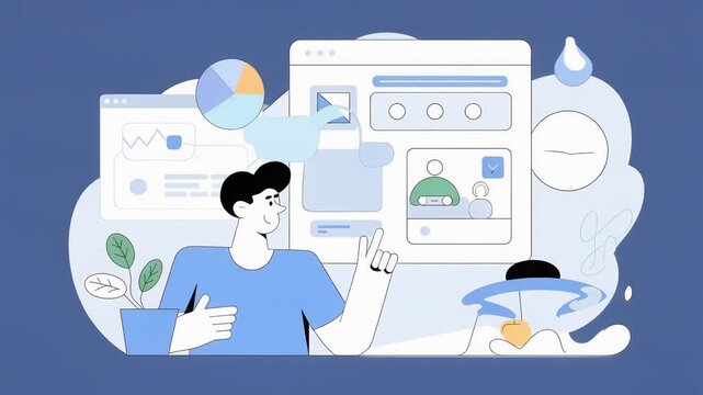 Geometric character interacting with an online service interface. Minimal flat vector design emphasizing digital interaction, modern UI, and clean, user-friendly interface.
