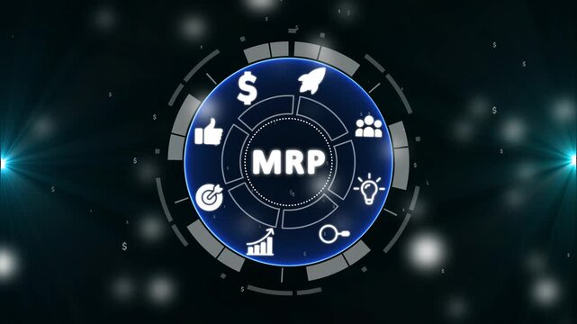 Digital circular interface displaying MRP with business icons and dollar signs Material Requirements Planning
