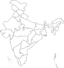 Obraz premium Simple black and white outline map of india with internal state and territory boundaries.