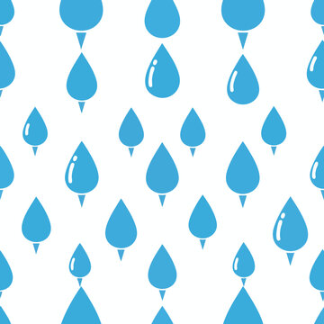 Seamless pattern of falling blue water drops with highlights on a white background