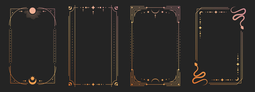 Mystical tarot card back with celestial sun, moon and stars in ornate golden frame, vector illustrations. Esoteric borders with magic symbols, spiritual snake patterns for horoscope design.
