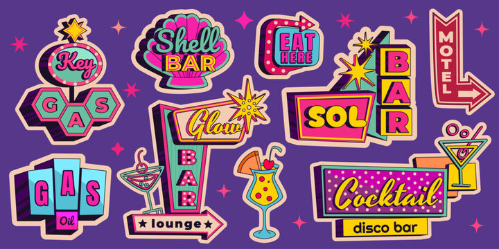 Vintage neon bar and motel signs with retro arrows and glowing lights. Vector cartoon illustration of classic American roadside signage set, vibrant nostalgic hotel, casino, diner signboard collection