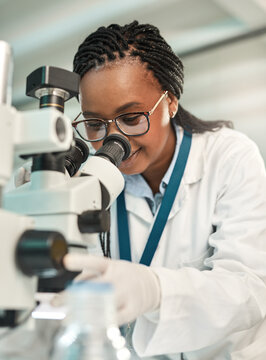 Science, woman and inspection in lab with microscope, stem cell experiment and healthcare study. Scientist, black person and equipment in clinic for medical research, DNA evaluation or pathology test