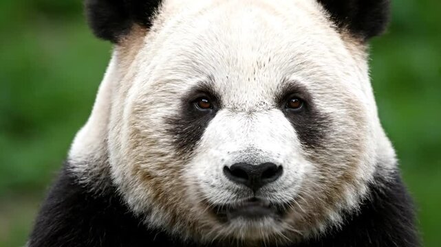 Closeup of a panda bear with green background.