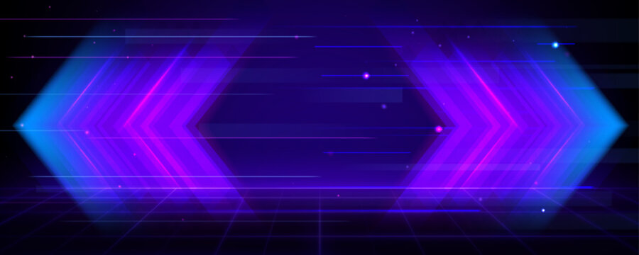 Neon arrow with glowing light trails on dark background, 3d abstract vector bg. Dynamic digital speed effect in blue and purple colors. Futuristic technology arrow concept for web design