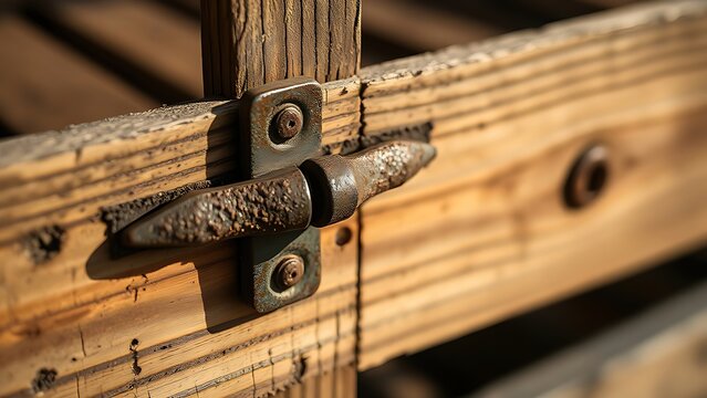 hasp. Close-up of a rusty iron hasp fastened on an old wooden crate with side lighting. safety posters, maintenance manuals, designed for precision metalworking and fabrication facilities.