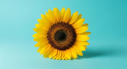 Obraz premium Vibrant sunflower on a bright blue background embodying the carefree spirit of summer vacation and warmth