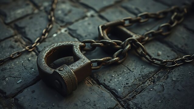 exoneration. Weathered rusted shackles lie on rough stone, chains trailing into shadow. event programs, museum guides, designed for cultural heritage projects and event programs.