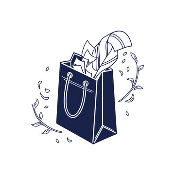 A minimalist dark blue shopping bag illustration featuring decorative leaves and abstract elements