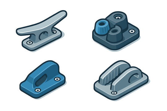 Set of various boat cleats and nautical rope fastening hardware in isometric view