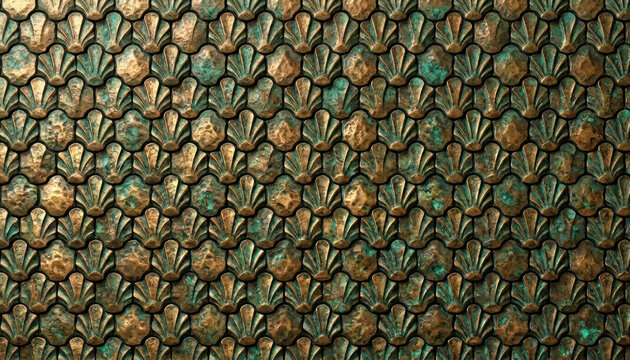Textured Background of Ornate Bronze and Green Scales image photo