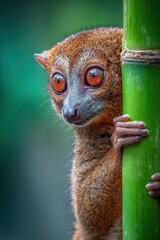 Fototapeta premium Lemur hiding behind a green bamboo shoot 