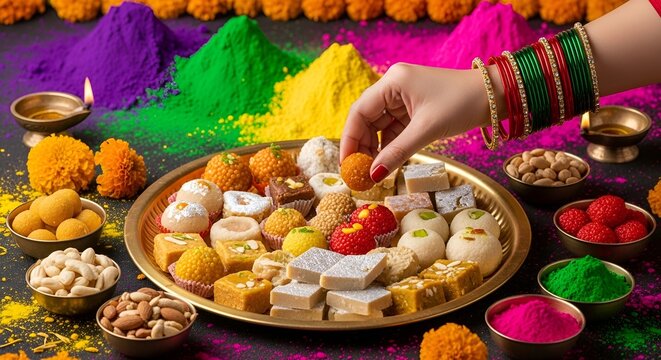 Indian woman taking Diwali sweets Gujiya peda barfi Indian sweet dessert mithai festival Dussehra Holi ganesh chaturthi Ram navami Durga pooja ashtami Navratri 4K footage Mumbai Kerala India Sri Lanka