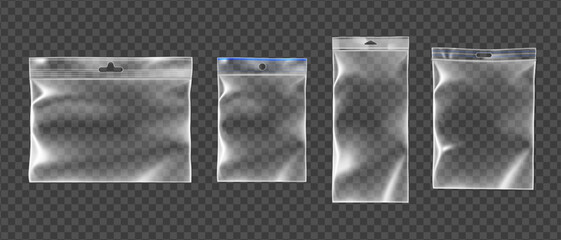 Transparent plastic bag mockup with zipper closure, realistic vector isolated on background. Clear vinyl pouch template for food storage, glossy material and resealable seal, pvc package top view © klyaksun