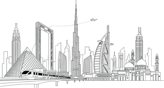 Dubai city skyline with colorful skyscrapers and famous landmarks for United Arab Emirates travel and tourism vector.