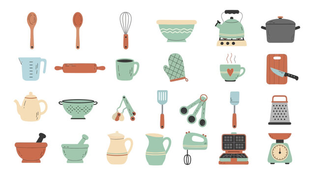 Collection of kitchen utensils and cookware culinary tools illustration