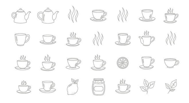 Collection of tea related icons teapots cups steam lemon leaves