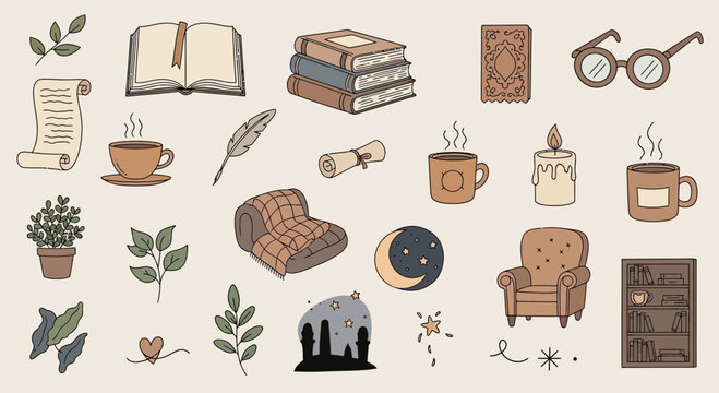 Cozy illustration set books coffee glasses candle plants armchair