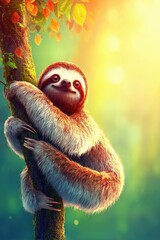Fototapeta premium Happy sloth hugging tree branch with sunlight in background