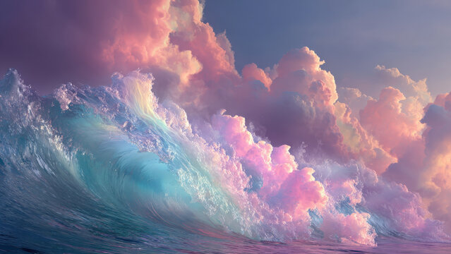 A majestic ocean wave crashes under a sky filled with vibrant pink and purple sunset clouds, creating a breathtaking natural spectacle.