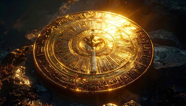 Golden, ornate disc artifact rests on jagged, dark, rocky terrain; glows
