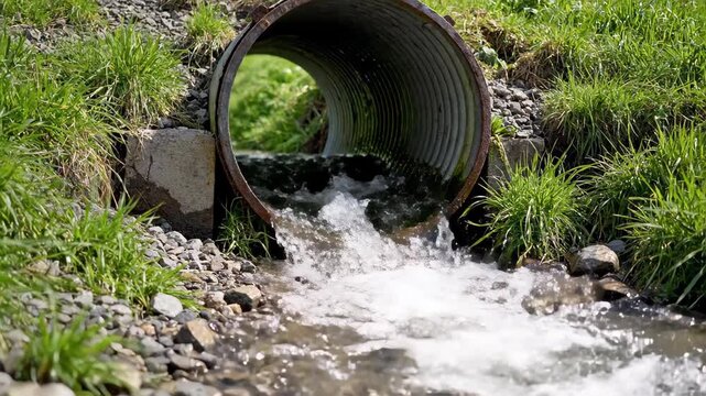 A steady stream of water flows from a drainage pipe outlet. Close-up of a culvert releasing water into a grassy roadside ditch