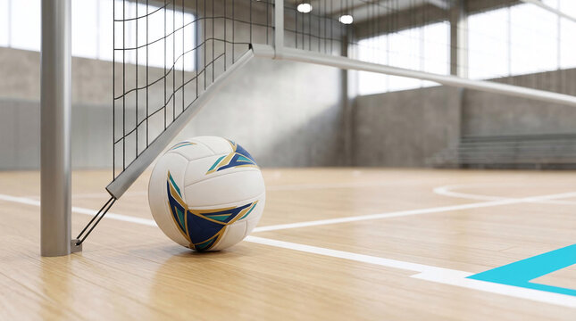 Ballon de volley-ball pos&eacute; sur le parquet d'un gymnase pr&egrave;s du filet