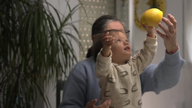 Slow motion lifestyle clip of a grandmother holding her half-Asian grandchild as the child plays with a lemon on the table, almost dropping it, at home.