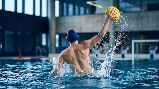Joueur de water-polo s'appr&ecirc;tant &agrave; lancer le ballon dans une piscine int&eacute;rieure