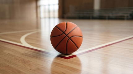 Naklejka premium Ballon de basketball posé sur un terrain intérieur