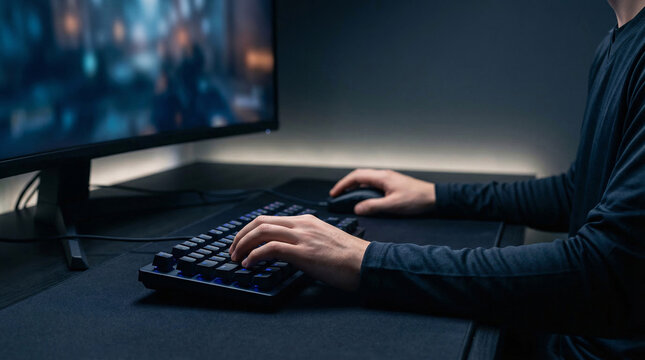 Personne utilisant un clavier d&rsquo;ordinateur dans un environnement sombre
