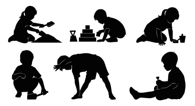 Children Silhouettes Playing with Toys: Sand, Blocks, and Outdoor Fun