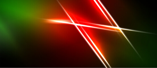 Naklejka premium Abstract background features vibrant red lines crossing green, black space. Brightness creates dynamic visual effect.
