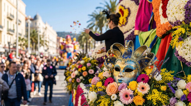 Participant lan&ccedil;ant des fleurs lors d&rsquo;un d&eacute;fil&eacute; festif et color&eacute;