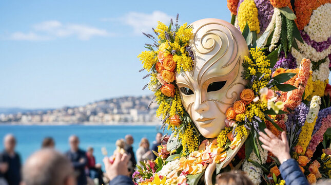 Personne masqu&eacute;e en costume color&eacute; lors d&rsquo;un festival en bord de mer