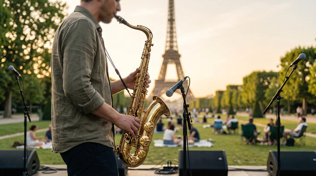 Musicien jouant du saxophone pr&egrave;s de la tour eiffel