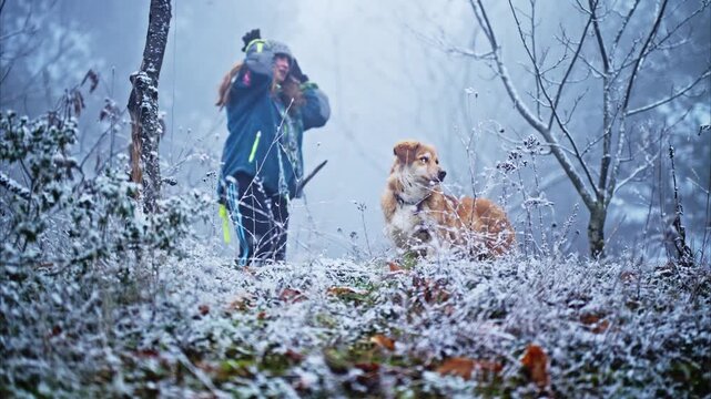Woman in winter jacket putting on her cozy beanie hat in snowy misty forest, loyal golden dog watching nearby
