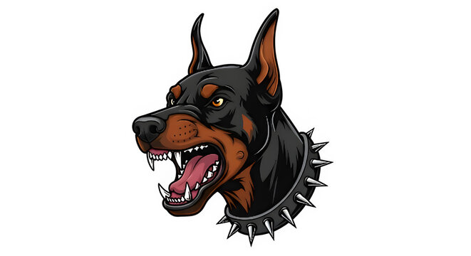 Doberman dog head with spiked collar illustration.