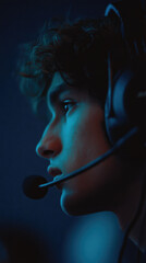 Fototapeta premium Hybrid office meeting room setup with young man wearing headset focused on virtual communication in modern workspace, blue lighting creates concentrated atmosphere