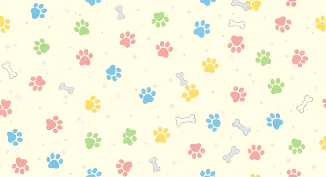 Colorful animal paw print and bone pattern background for pet lovers and vet clinic decor