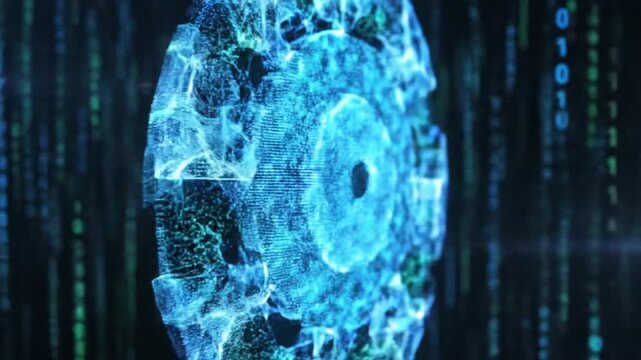 Abstract digital core symbolizing AI, glowing vibrantly amidst data networks and binary code, depicting futuristic technology and computation