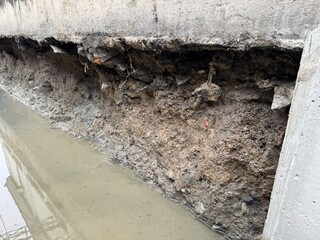 Soil erosion and wall collapse in a construction trench with muddy water, showing damaged ground layers near a concrete foundation.