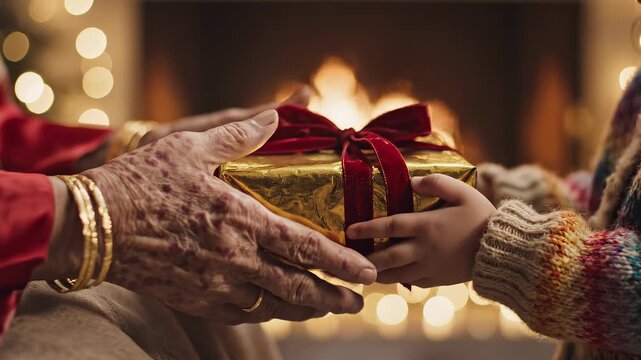 Elderly Hands Giving Golden Christmas Gift to Child by Warm Fireplace