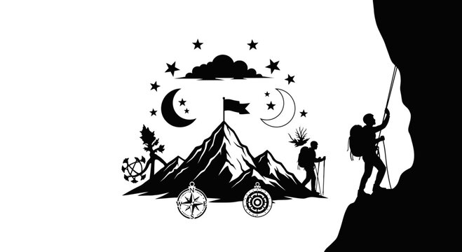 Mountain climber silhouette ascending towards summit with flag and night sky elements