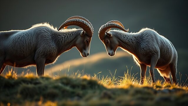 contenders. Two rams facing off on a grassy hillside before a clash. wildlife magazines, conservation campaigns, designed for wildlife conservation campaigns, used by government communicators.
