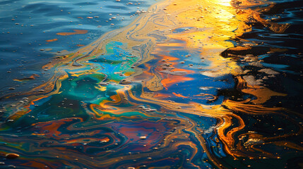 Fototapeta premium Rainbow-colored oil slick on surface of water: river, sea, ocean. Environmental damage: danger to humans, marine ecosystem, flora, and fauna. In rays of setting sun.