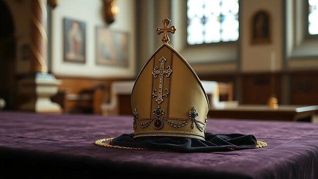 mitre. A bishop's ceremonial hat resting on dark velvet cloth, gemstones gleaming. event programs, museum guides, designed for cultural heritage projects and event programs, supports education.