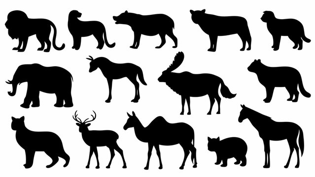 Black silhouettes of various wild animals including lion tiger elephant horse and deer on white background