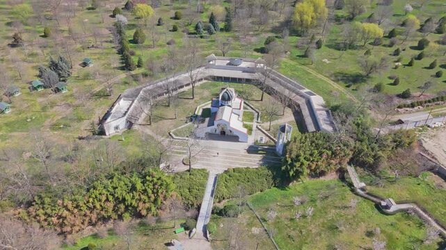Aerial view of Rupite holy site with Church of St Petka and grave of Baba Vanga near Petrich Bulgaria
