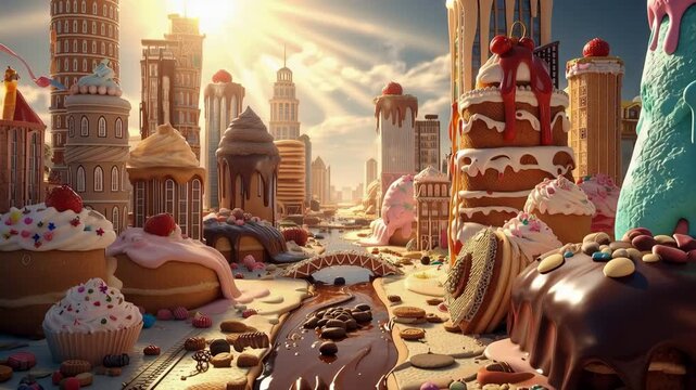 Surreal city made of desserts melting in sunlight